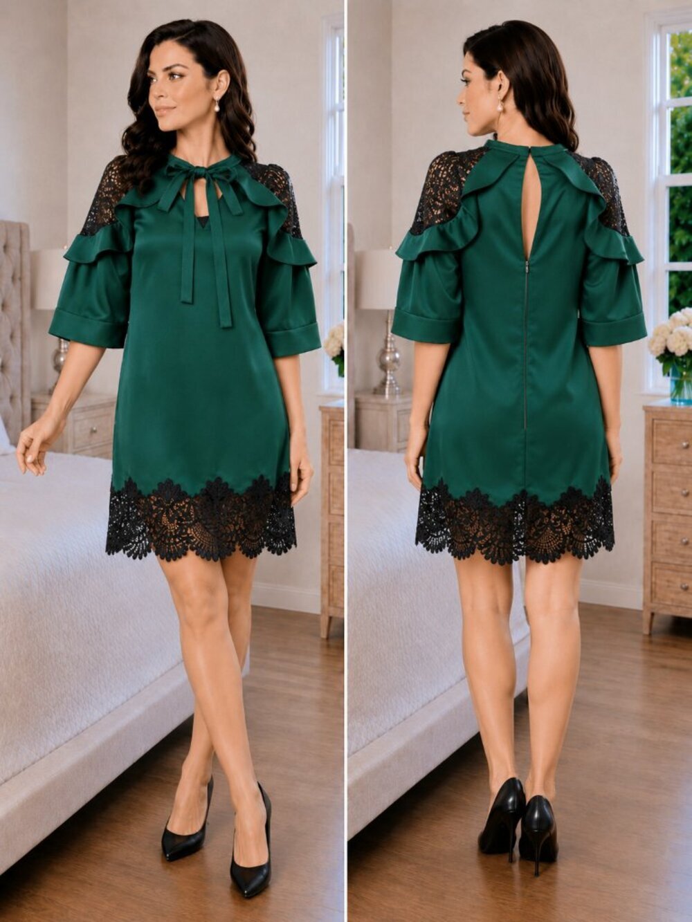 Self-Portrait Green Lace Shoulder Satin Dress $380